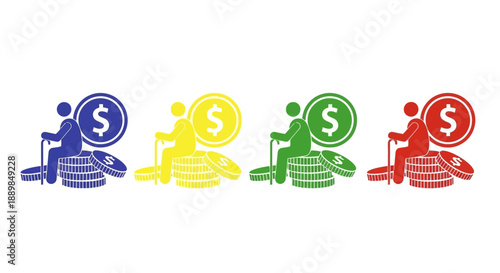 Illustration of people sitting on stacks of coins with dollar signs in a row