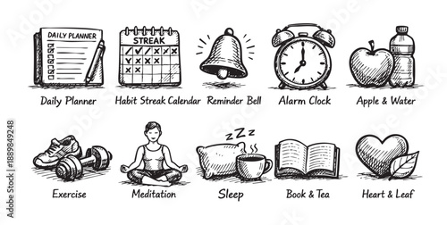 Black and white sketch icons illustrate a healthy daily routine, including planning, exercise, meditation, hydration, reading, tracking habits and relaxation.