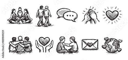 Black and white sketches illustrating connection, communication, and love, depict friends, hearts, speech bubbles, hands, and Earth, ideal for themes of unity, support, and relationships.