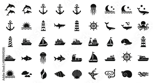 Collection of marine icons including anchors, ships, and sea creatures displayed in a grid layout, orignally make (160).eps