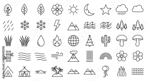 Collection of simple black line icons representing various natural elements and landscapes in a grid layout on a white background, originally similar to a make (161).eps file