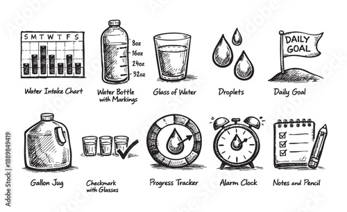 Hand-drawn illustration depicting various water tracking methods and hydration goals, perfect for promoting healthy habits and lifestyle changes.