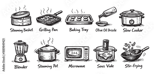 Black and white sketch illustration of various kitchen appliances like a blender, slow cooker, microwave, frying pan, and steamer on white.