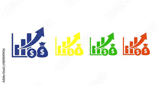 Set of four color-coded financial growth charts with upward trending graphs and currency symbols