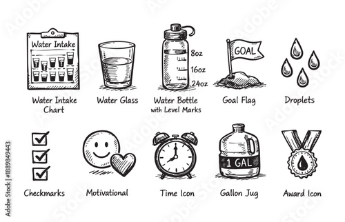 Hand-drawn sketches illustrate water intake, from charts and bottles to droplets and achievement icons, ideal for promoting hydration, health tracking, and goal setting.