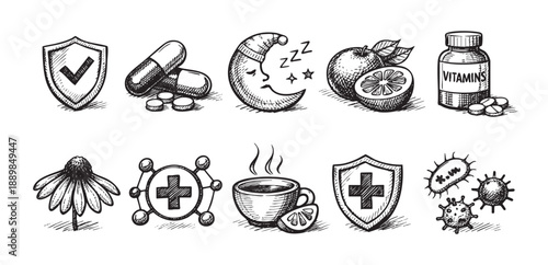 Hand-drawn wellness icons symbolize healthy choices like vitamins, rest, fruit, medicine, tea, and immunity, suitable for medical, healthcare, and lifestyle content.