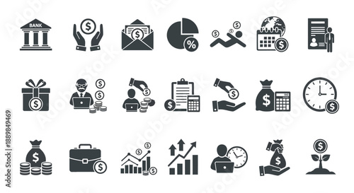 Collection of business icons representing finance, money, and productivity in a simple, monochrome style