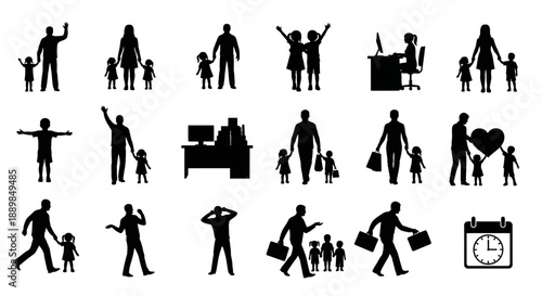 Collection of silhouetted people engaging in various activities with family and objects around them, vector illustrations