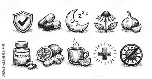 Hand-drawn illustration featuring immune system boosters like vitamins, sleep, tea, and herbs, ideal for health and wellness content.
