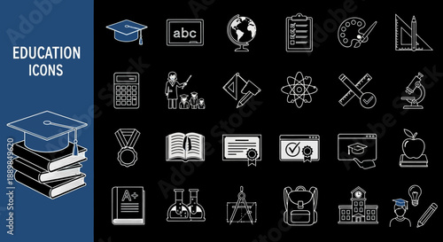 Collection of education icons displayed on a black background, featuring graduation caps, books, and scientific symbols, in a simple illustration style, viewed from directly above.