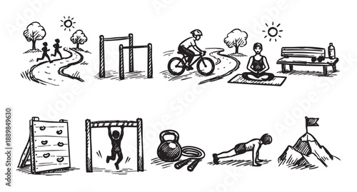 Black and white ink sketch depicting various outdoor fitness activities including running, calisthenics, biking, yoga, and mountain climbing for sport and healthy lifestyle concepts.