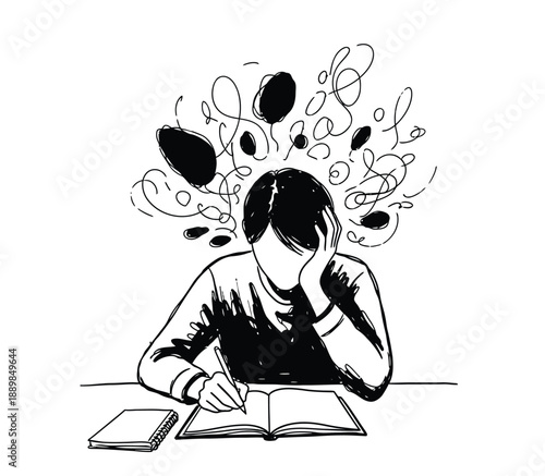Illustration of a stressed student struggling with their studies and feeling overwhelmed with thoughts