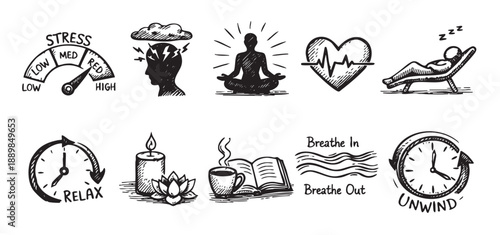 A black and white vector illustration showcasing hand-drawn doodle icons representing stress relief, relaxation, and self-care practices, ideal for health, lifestyle, and wellness themes.