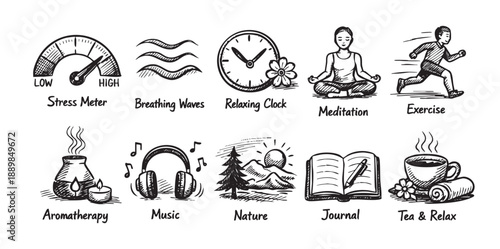 A black and white vector illustration showcasing hand-drawn doodle icons representing stress relief, relaxation, and self-care practices, ideal for health, lifestyle, and wellness themes.