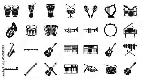 Collection of various musical instruments icons displayed together in a grid layout on a plain white background originally make 185 eps