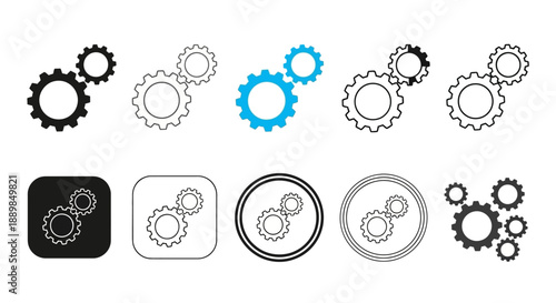 Assemblage of interlocking gears in various styles and formats, showcasing mechanical components in a collection of graphical representations.