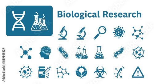 Collection of Biological Research Icons Representing Various Scientific Studies and Experiments