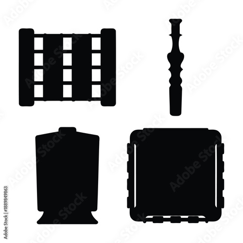 A collection of abstract black silhouettes depicting various shapes and stylized objects