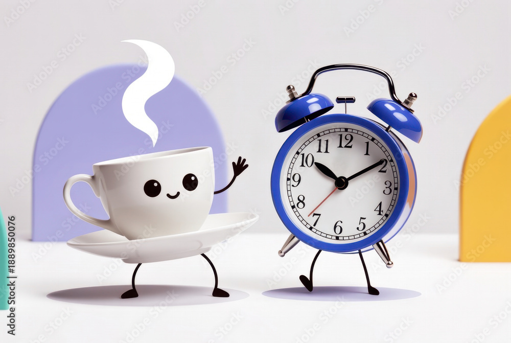 custom made wallpaper toronto digital3D coffee cup and alarm clock, morning routine concept