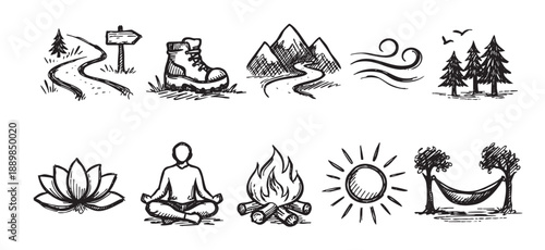 Hand-drawn set of nature icons features camping, hiking, meditation, and relaxation elements for outdoor and wellness-themed designs. Ideal for blogs and infographics.