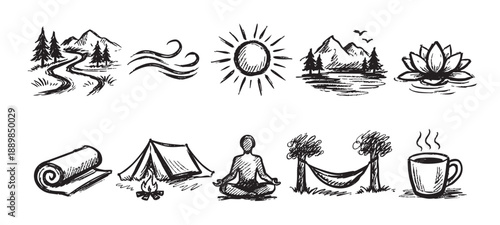 A collection of sketched nature icons including mountains, sun, tent, yoga pose, hammock, and a cup of coffee, evokes a sense of relaxation and connection to the outdoors.