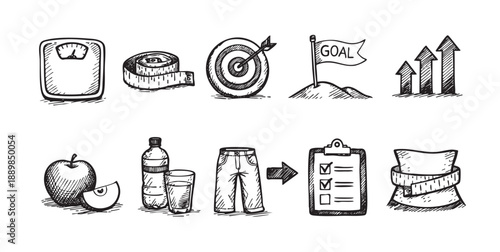 A sketched vector illustration showing weight loss concept with scales, tape measure, goal, water, apple, check list, overweight, and body shape transformation.