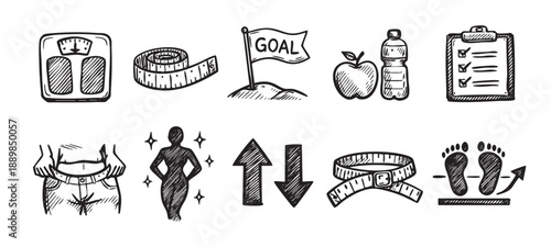 A sketched vector illustration showing weight loss concept with scales, tape measure, goal, water, apple, check list, overweight, and body shape transformation.