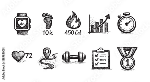 A doodle illustration of fitness and wellness icons including a smartwatch, steps, calories, graph, stopwatch, heart rate, route, dumbbell, checklist and medal. Isolated on white background.