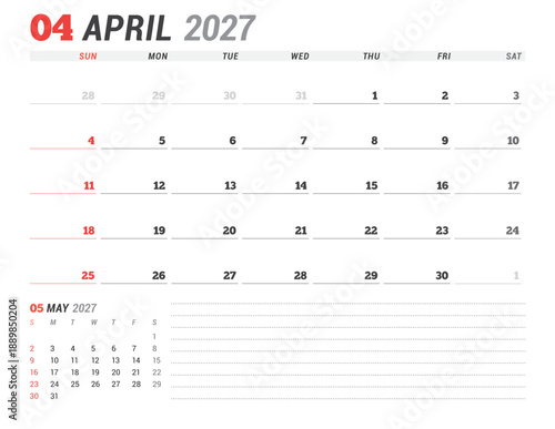 April 2027 calendar planner template. Week starts on Monday. Professional and minimalist design for scheduling and organization. Vector illustration for a printable business agenda layout