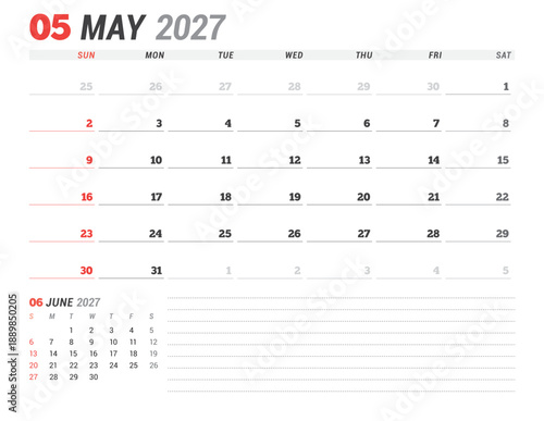 May 2027 calendar planner template. Week starts on Monday. Minimalist and clean design for efficient scheduling and organization. Vector illustration for a printable business agenda layout