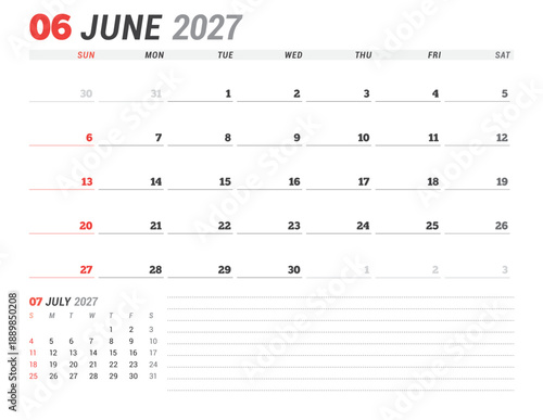 June 2027 calendar planner template. Week starts on Monday. Simple and modern design for effective scheduling and planning. Vector illustration for a printable business agenda page