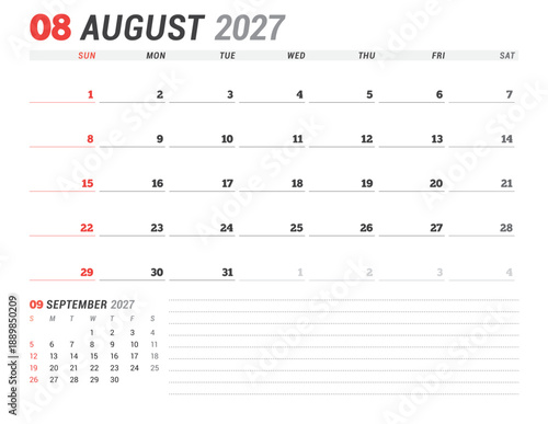 August 2027 calendar planner template. Week starts on Monday. Minimalist and clean design for corporate scheduling and organization. Vector illustration for a printable agenda page