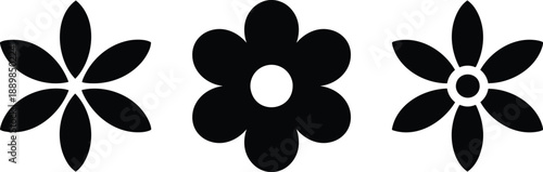 Trendy collection of three different minimalist geometric floral icons, black and white vector silhouettes isolated on white, symbolizing nature, spring, and simple decoration.