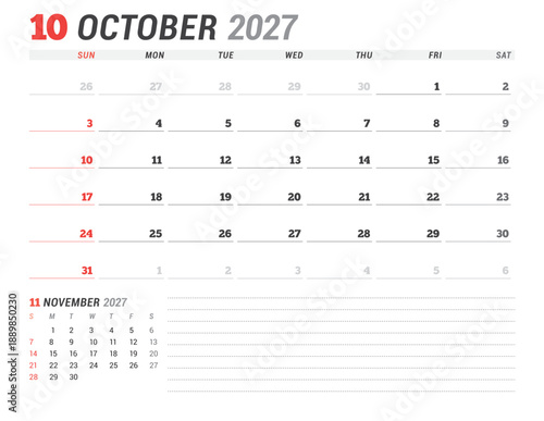 October 2027 calendar planner template. Week starts on Monday. Simple and minimalist design for business scheduling and planning. Vector illustration for a printable agenda layout