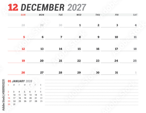 December 2027 calendar planner template. Week starts on Monday. Minimalist and modern design for business scheduling and organization. Vector illustration for a printable agenda layout