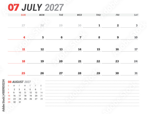 July 2027 calendar planner template. Week starts on Monday. Modern and simple design for business scheduling and organization. Vector illustration for a printable agenda layout