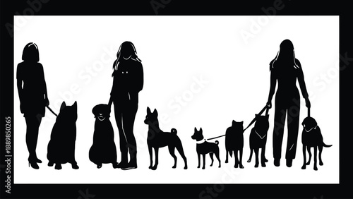 A group of women walking their dogs in a peaceful outdoor setting