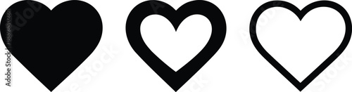 Three black heart icons vector set: solid fill, thick outline, and thin line variations on white, essential UI/UX elements symbolizing love, like, and favorite.