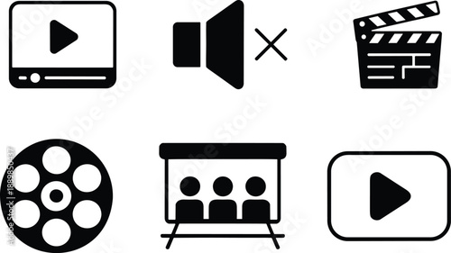Minimalist vector icons for film production, digital streaming, and cinema entertainment interfaces; featuring play, mute, clapperboard, audience, and movie reel symbols.