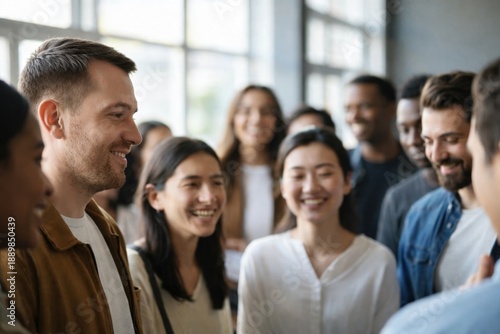 Wallpaper Mural Diverse group of people talking and smiling at modern indoor event Torontodigital.ca