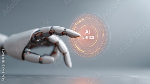 Robotic arm is touching a futuristic digital interface with ai ethics written on it, symbolizing the growing importance of ethical considerations in artificial intelligence development