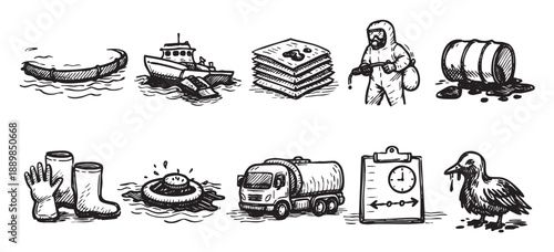 Hand-drawn vector illustration of icons depicting the dangers of oil spills and cleanup efforts, making it suitable for environmental awareness or educational materials.