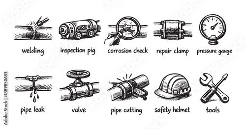 Collection of hand-drawn icons representing pipeline maintenance, leak detection, welding, and repair elements with a sketched style on white.