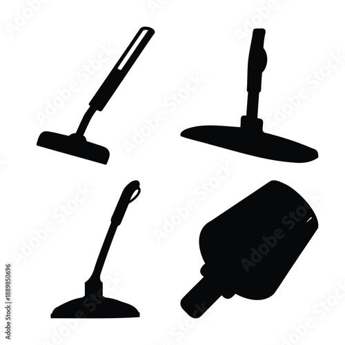 Collection of cleaning tools silhouettes depicting various floor mops and scrubbers