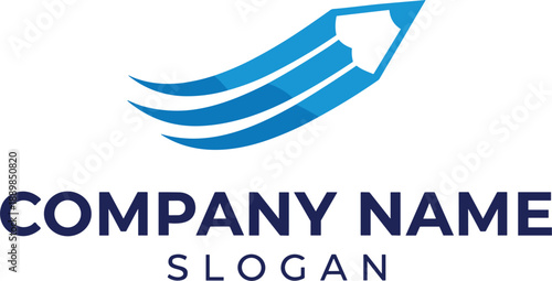 Modern pencil logo with dynamic swoosh lines company name and slogan creative education branding blue vector illustration design