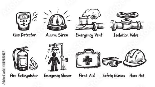 Hand-drawn safety icons showcase essential equipment: gas detector, alarm siren, fire extinguisher, emergency shower, first aid kit, and safety glasses against a clean white backdrop.
