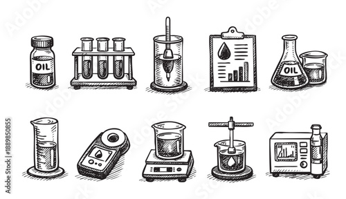 A detailed sketch displays scientific equipment used for oil analysis, including test tubes, beakers, a centrifuge, and measurement devices, creating an illustration for research or analysis.