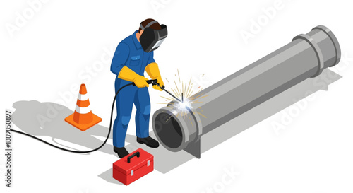 Illustration of a welder in blue overalls welding a large metal pipe with a traffic cone nearby on a white background