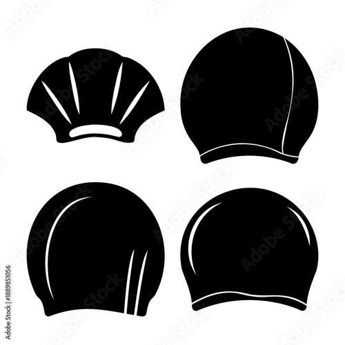 Diverse black silhouette swim caps displaying different styles and shapes for swimmers