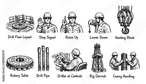 A sketch illustration depicting oil drilling rig elements including workers, floor layout, hoisting block, and drill pipe, perfect for industrial and educational material.